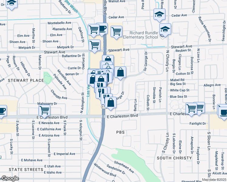 map of restaurants, bars, coffee shops, grocery stores, and more near 136 Bel Port Drive in Las Vegas