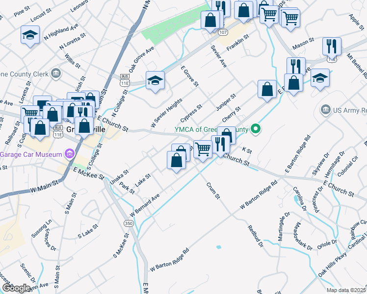 map of restaurants, bars, coffee shops, grocery stores, and more near 109 Bayberry Street in Greeneville