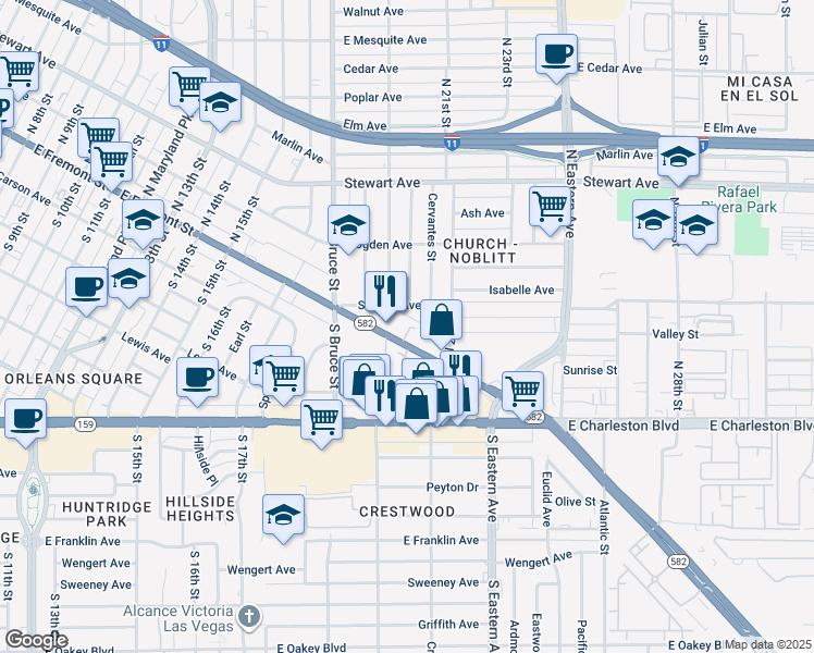 map of restaurants, bars, coffee shops, grocery stores, and more near 2001 East Fremont Street in Las Vegas