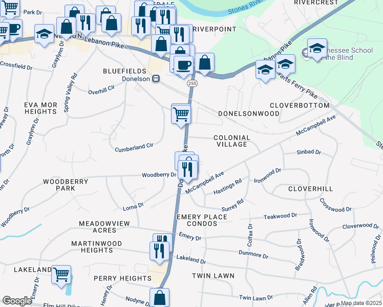 map of restaurants, bars, coffee shops, grocery stores, and more near 211 Donelson Pike in Nashville