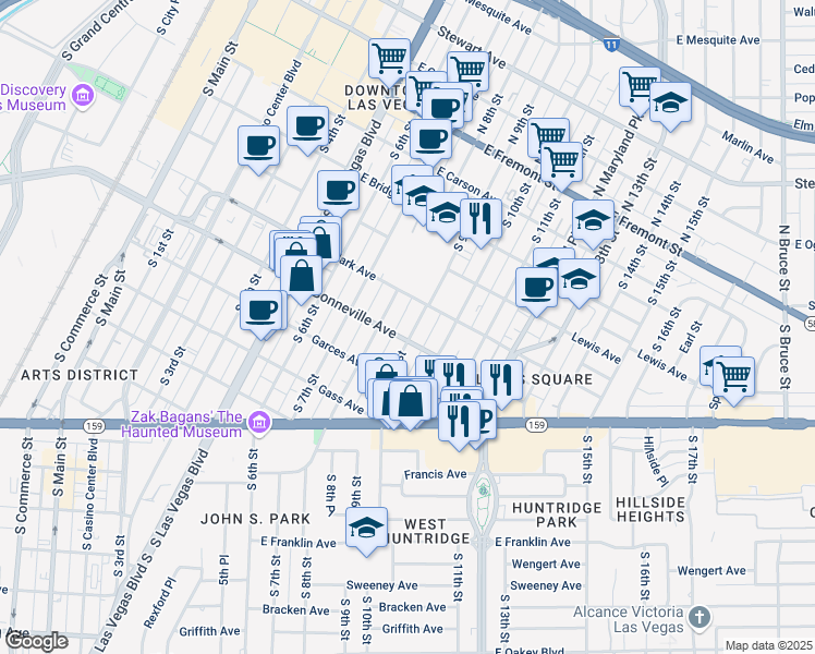 map of restaurants, bars, coffee shops, grocery stores, and more near 520 South 9th Street in Las Vegas