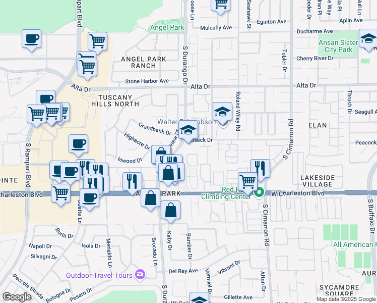 map of restaurants, bars, coffee shops, grocery stores, and more near 850 South Durango Drive in Las Vegas