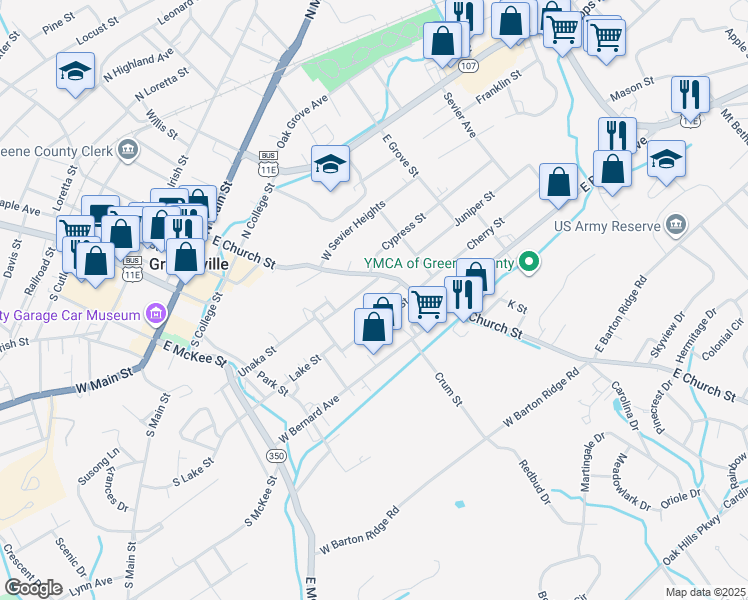 map of restaurants, bars, coffee shops, grocery stores, and more near 109 Bayberry Street in Greeneville
