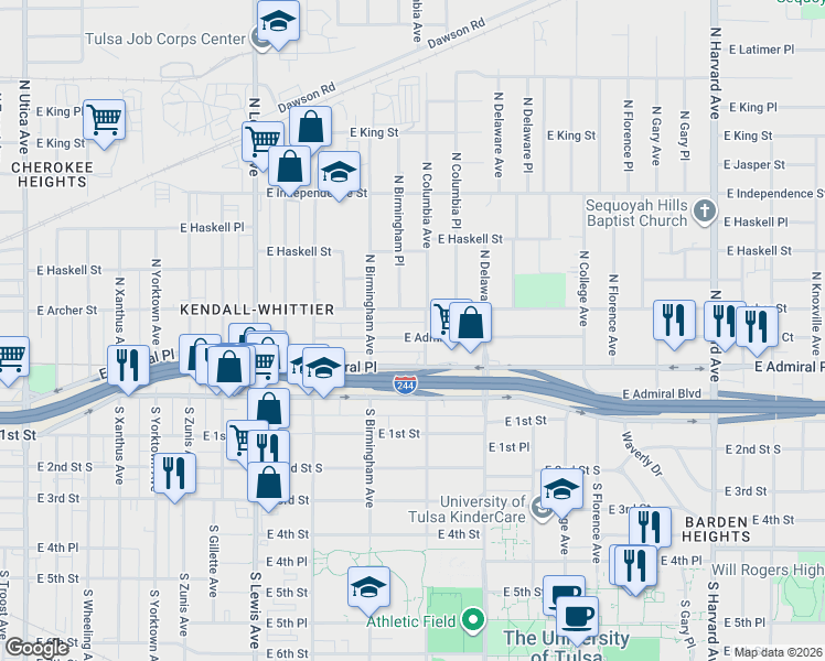 map of restaurants, bars, coffee shops, grocery stores, and more near 2639 East Admiral Court in Tulsa