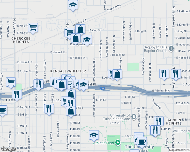 map of restaurants, bars, coffee shops, grocery stores, and more near 61 North Birmingham Avenue in Tulsa