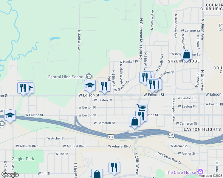 map of restaurants, bars, coffee shops, grocery stores, and more near 602 North 28th West Place in Tulsa