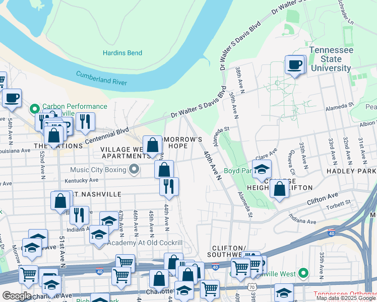 map of restaurants, bars, coffee shops, grocery stores, and more near 1015 42nd Avenue North in Nashville