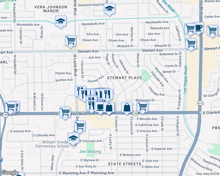 map of restaurants, bars, coffee shops, grocery stores, and more near 49 North Lafaette Street in Las Vegas