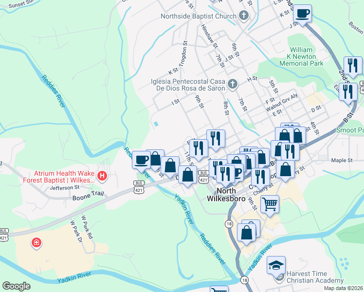map of restaurants, bars, coffee shops, grocery stores, and more near 1006 F Street in North Wilkesboro