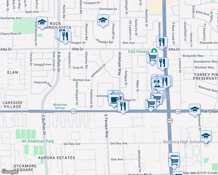 map of restaurants, bars, coffee shops, grocery stores, and more near 7020 Edwin Aldrin Circle in Las Vegas