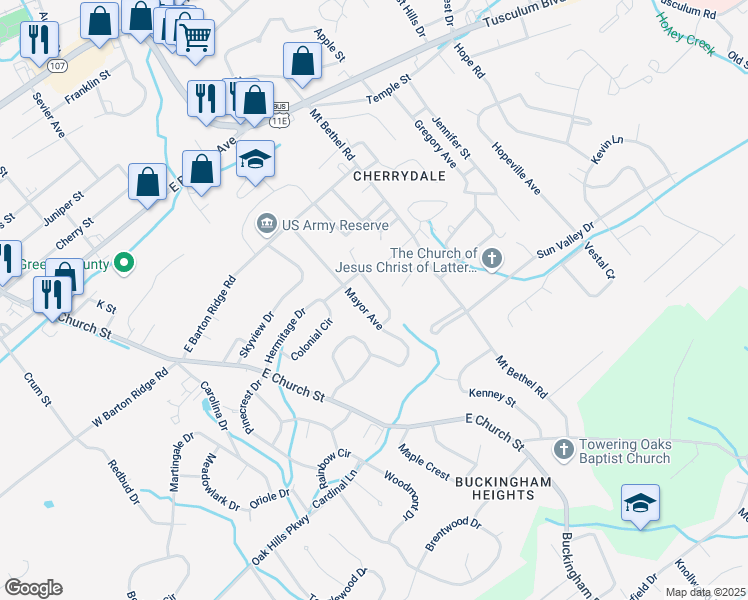 map of restaurants, bars, coffee shops, grocery stores, and more near 205 Mayor Avenue in Greeneville