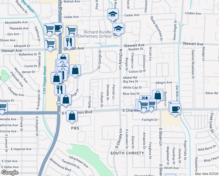 map of restaurants, bars, coffee shops, grocery stores, and more near 108 Sirnoble Street in Las Vegas