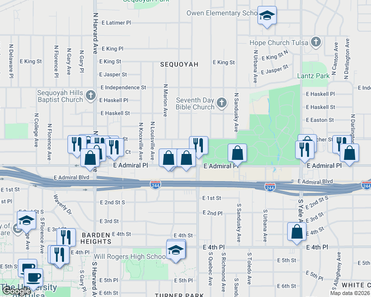 map of restaurants, bars, coffee shops, grocery stores, and more near 3927 East Admiral Court in Tulsa