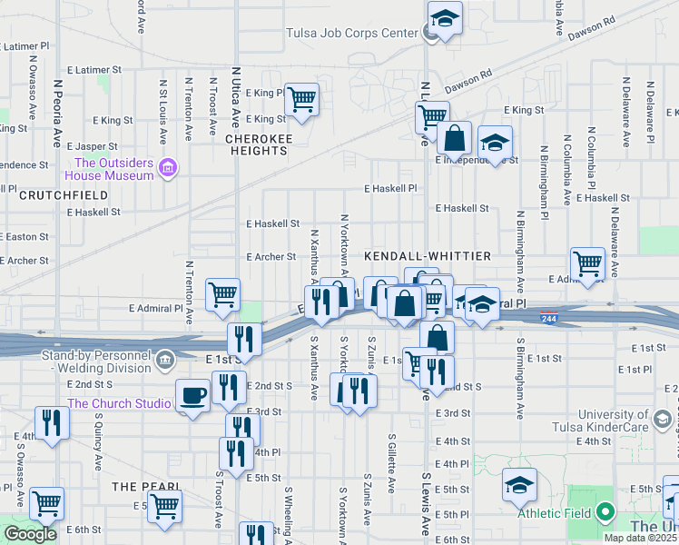 map of restaurants, bars, coffee shops, grocery stores, and more near 58 North Yorktown Avenue in Tulsa