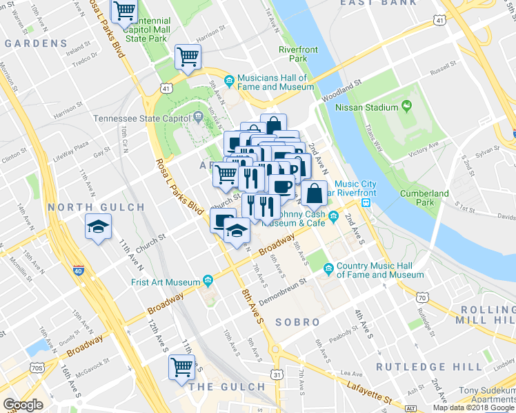 map of restaurants, bars, coffee shops, grocery stores, and more near 140 6th Ave N in Nashville