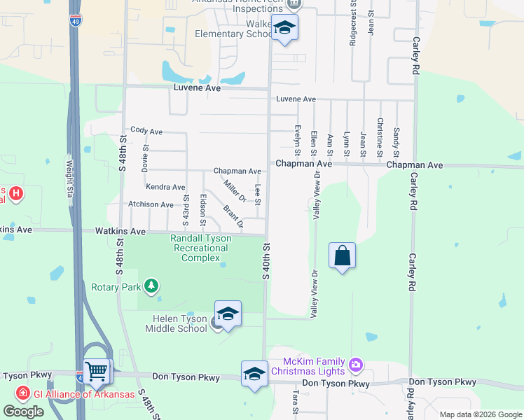 map of restaurants, bars, coffee shops, grocery stores, and more near 4005 Miller Drive in Springdale