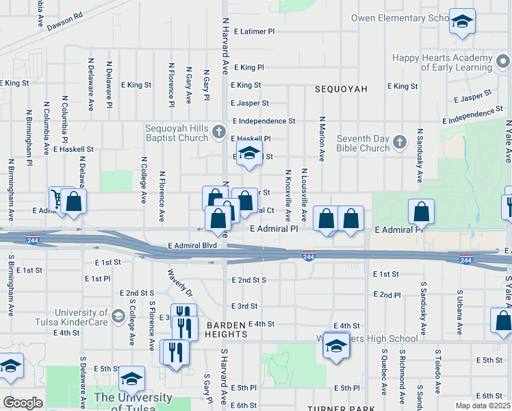 map of restaurants, bars, coffee shops, grocery stores, and more near 3415 East Admiral Court in Tulsa