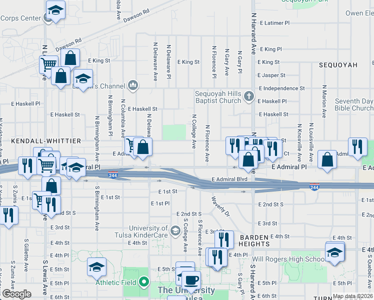 map of restaurants, bars, coffee shops, grocery stores, and more near 2877 East Admiral Court in Tulsa
