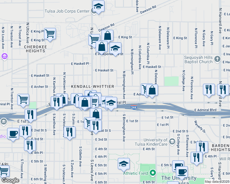 map of restaurants, bars, coffee shops, grocery stores, and more near 2523 East Admiral Court in Tulsa
