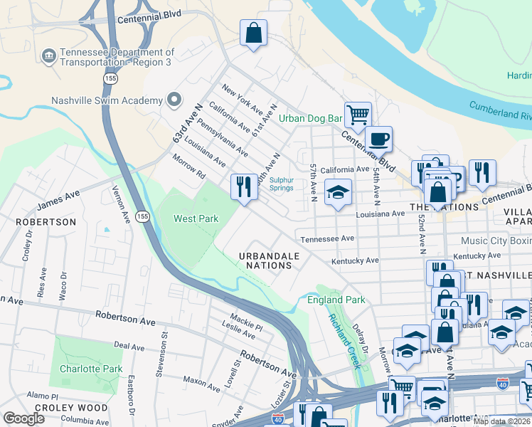 map of restaurants, bars, coffee shops, grocery stores, and more near 5908C Morrow Road in Nashville
