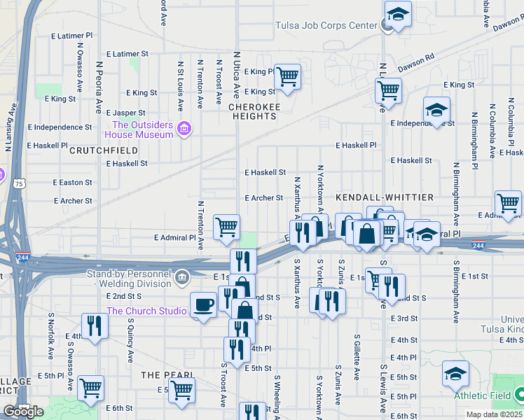 map of restaurants, bars, coffee shops, grocery stores, and more near 59 North Victor Avenue in Tulsa