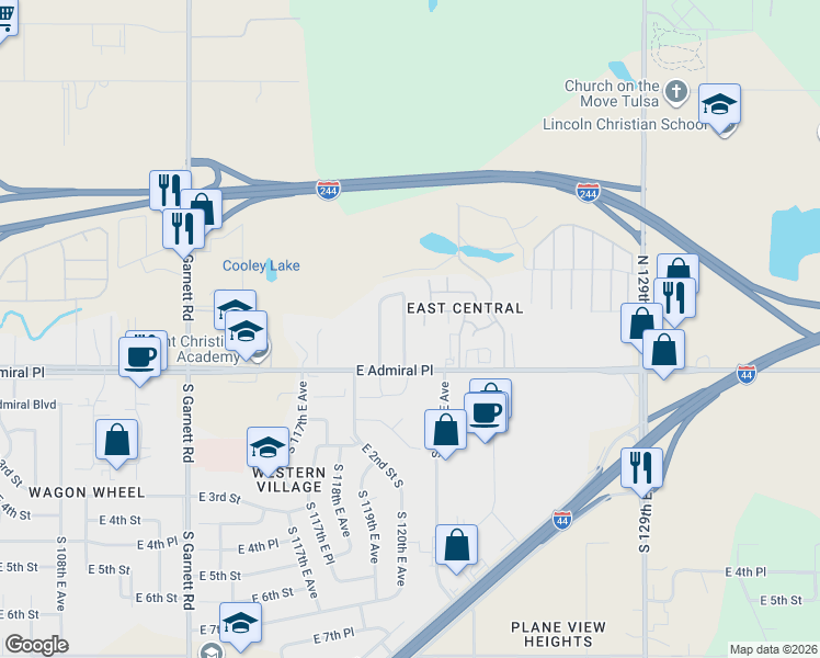 map of restaurants, bars, coffee shops, grocery stores, and more near 35 North 121st East Avenue in Tulsa