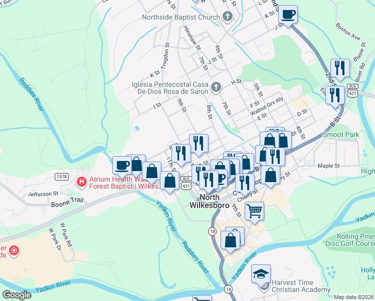map of restaurants, bars, coffee shops, grocery stores, and more near 501 10th Street in North Wilkesboro