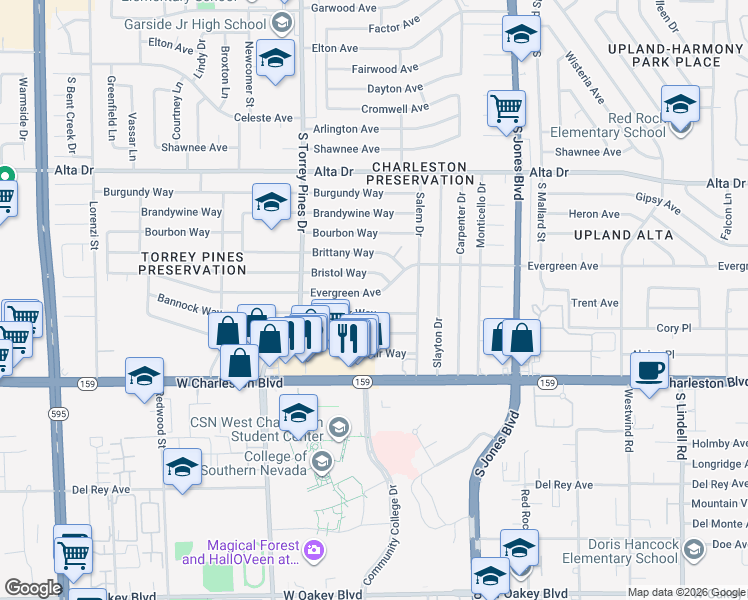 map of restaurants, bars, coffee shops, grocery stores, and more near 6241 Evergreen Avenue in Las Vegas