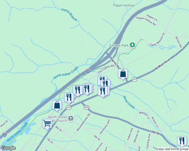 map of restaurants, bars, coffee shops, grocery stores, and more near 236 Old Fishery Road in Erwin