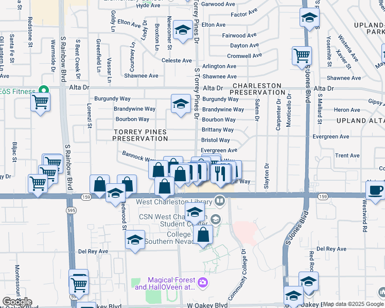 map of restaurants, bars, coffee shops, grocery stores, and more near 6401 Evergreen Avenue in Las Vegas
