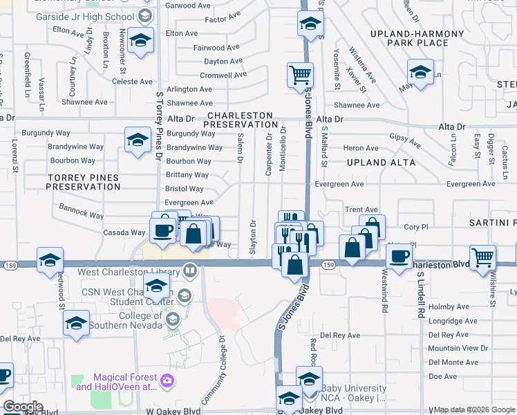 map of restaurants, bars, coffee shops, grocery stores, and more near 809 Slayton Drive in Las Vegas