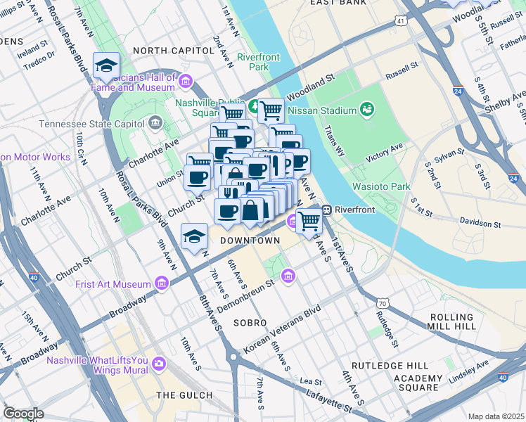 map of restaurants, bars, coffee shops, grocery stores, and more near 128 4th Avenue North in Nashville