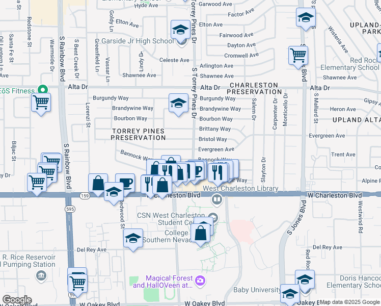 map of restaurants, bars, coffee shops, grocery stores, and more near 6401 Evergreen Avenue in Las Vegas