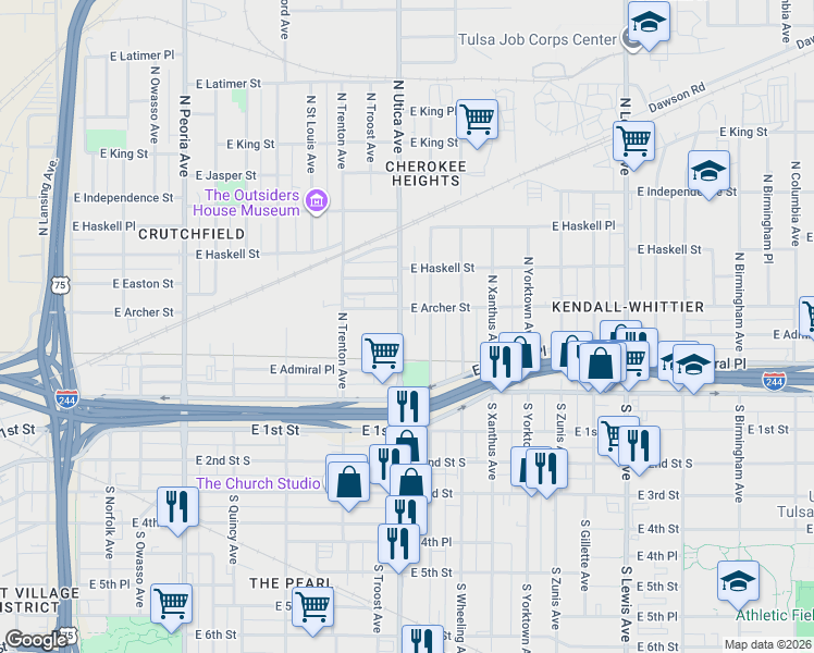 map of restaurants, bars, coffee shops, grocery stores, and more near 62 North Utica Avenue in Tulsa