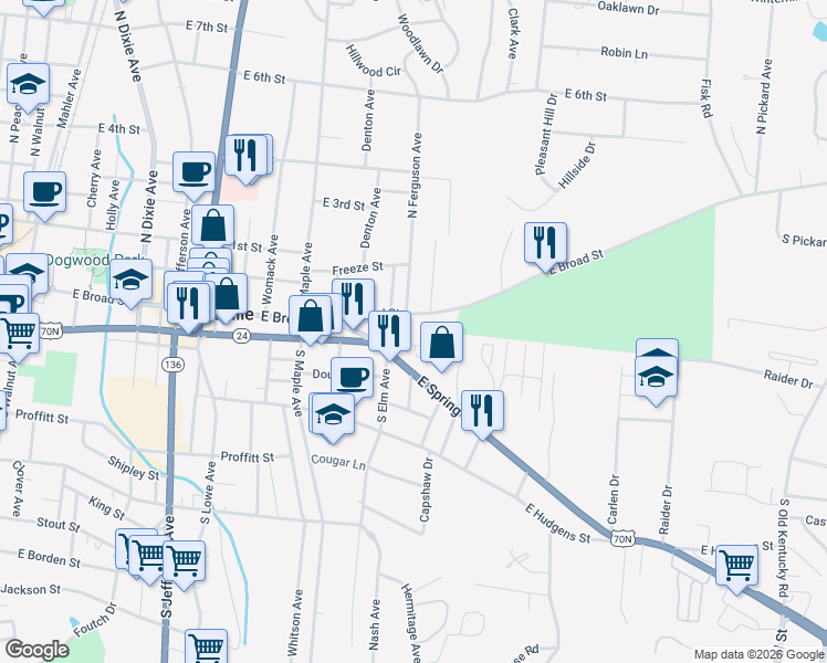 map of restaurants, bars, coffee shops, grocery stores, and more near 703 C East Broad Street in Cookeville