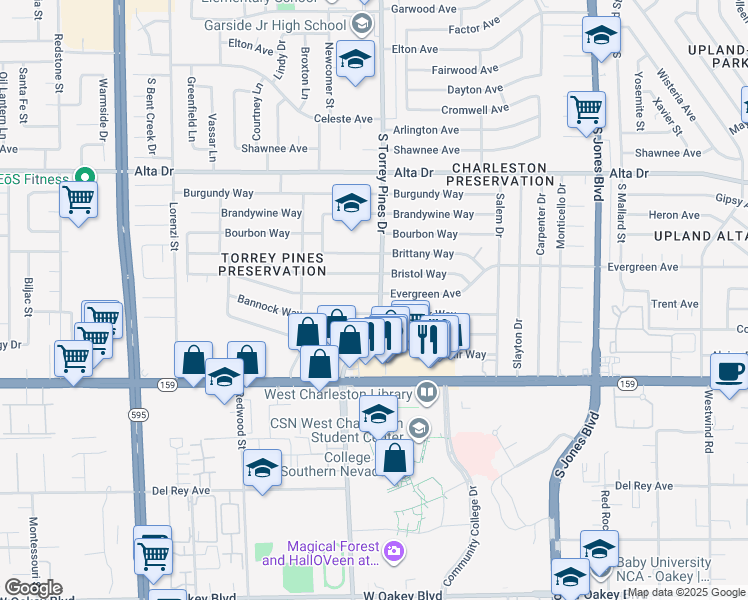 map of restaurants, bars, coffee shops, grocery stores, and more near 6349 Evergreen Avenue in Las Vegas