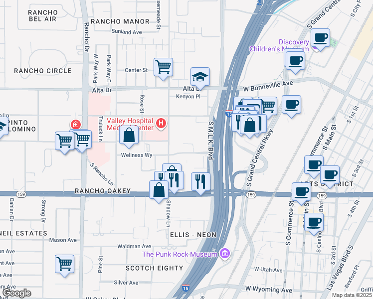 map of restaurants, bars, coffee shops, grocery stores, and more near 1608 Bearden Drive in Las Vegas
