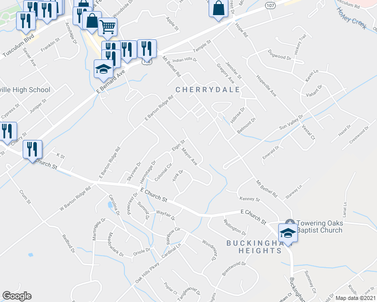 map of restaurants, bars, coffee shops, grocery stores, and more near 205 Mayor Avenue in Greeneville
