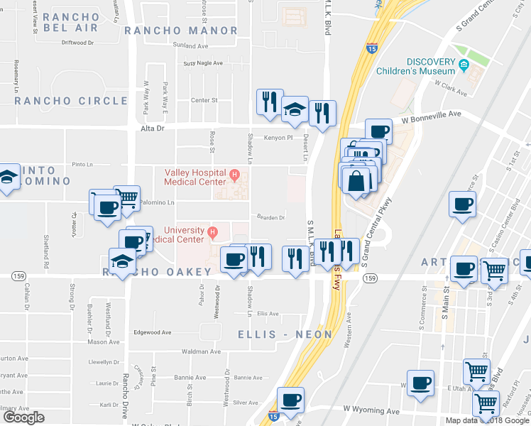 map of restaurants, bars, coffee shops, grocery stores, and more near 1710 Bearden Drive in Las Vegas