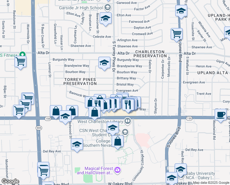 map of restaurants, bars, coffee shops, grocery stores, and more near 6349 Evergreen Avenue in Las Vegas