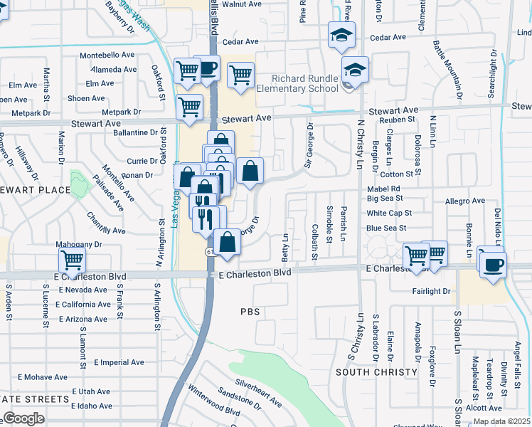 map of restaurants, bars, coffee shops, grocery stores, and more near 143 Sir Thomas Drive in Las Vegas