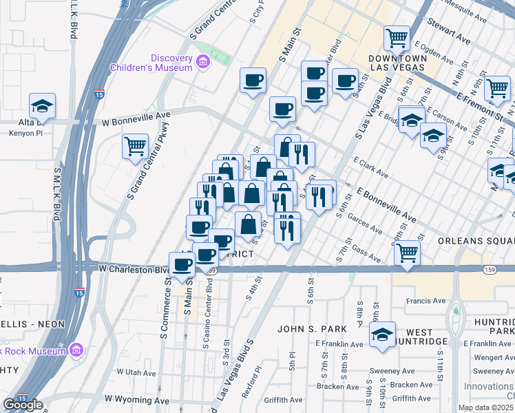 map of restaurants, bars, coffee shops, grocery stores, and more near 801 South Casino Center Boulevard in Las Vegas