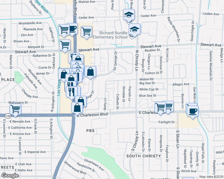 map of restaurants, bars, coffee shops, grocery stores, and more near 5330 East Charleston Boulevard in Las Vegas