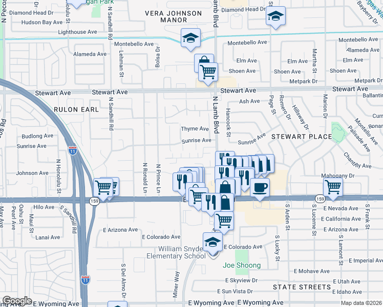 map of restaurants, bars, coffee shops, grocery stores, and more near 76 North Daisetta Street in Las Vegas