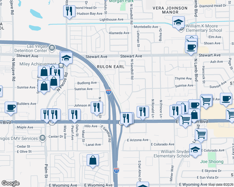 map of restaurants, bars, coffee shops, grocery stores, and more near 93 Vallejo Avenue in Las Vegas
