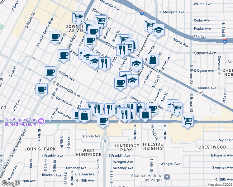 map of restaurants, bars, coffee shops, grocery stores, and more near 405 South Maryland Parkway in Las Vegas