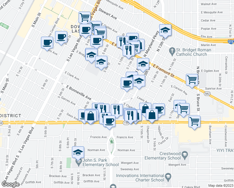 map of restaurants, bars, coffee shops, grocery stores, and more near 405 South Maryland Parkway in Las Vegas