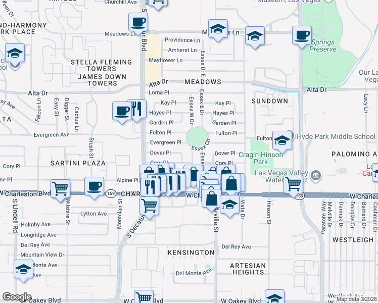 map of restaurants, bars, coffee shops, grocery stores, and more near 829 Essex Drive West in Las Vegas