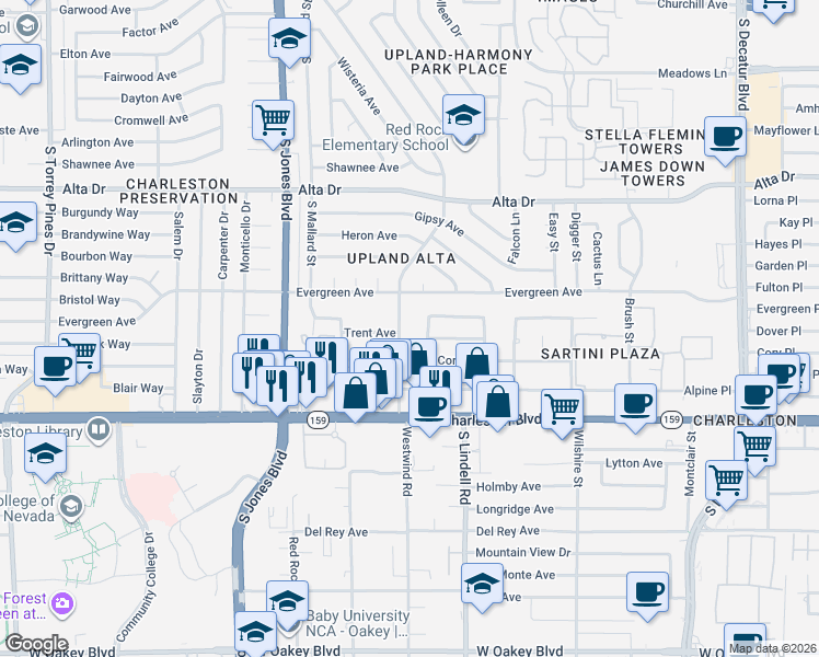 map of restaurants, bars, coffee shops, grocery stores, and more near 900 Upland Boulevard in Las Vegas