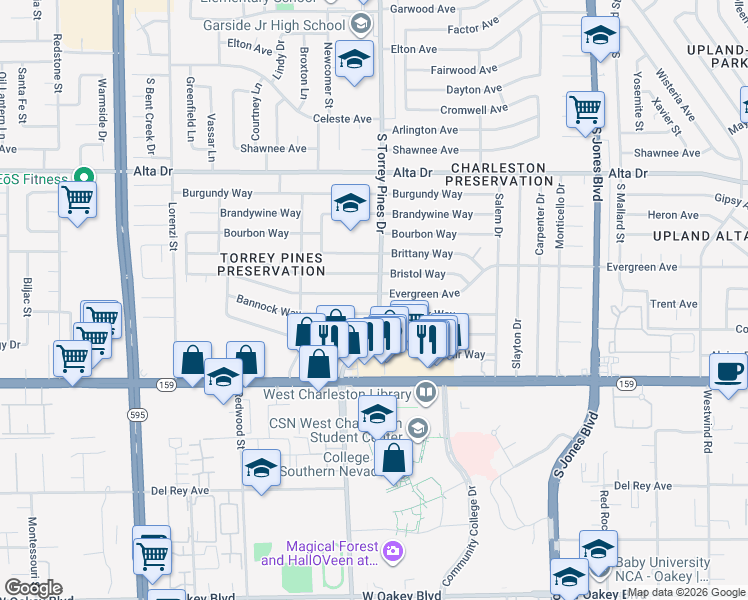 map of restaurants, bars, coffee shops, grocery stores, and more near 6349 Evergreen Avenue in Las Vegas